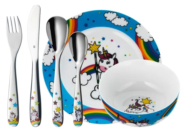 wmf-einhorn-kinder-geschirrset-6-teilig-kindergeschirr-mit-kinderbesteck-aus-cro image 1