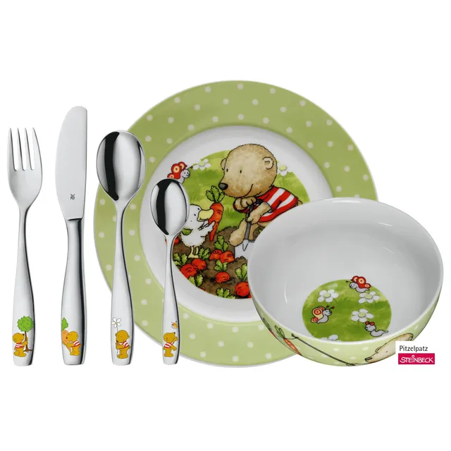 wmf-pitzelpatz-kindergeschirr-set-6-teilig-mit-kinderbesteck-cromargan-edelstahl image 1