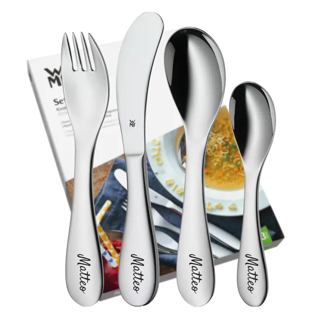 wmf-knuddel-kinderbesteck-4-teilig-mit-namensgravur-cromargan-edelstahl-ab-3-jah image 1