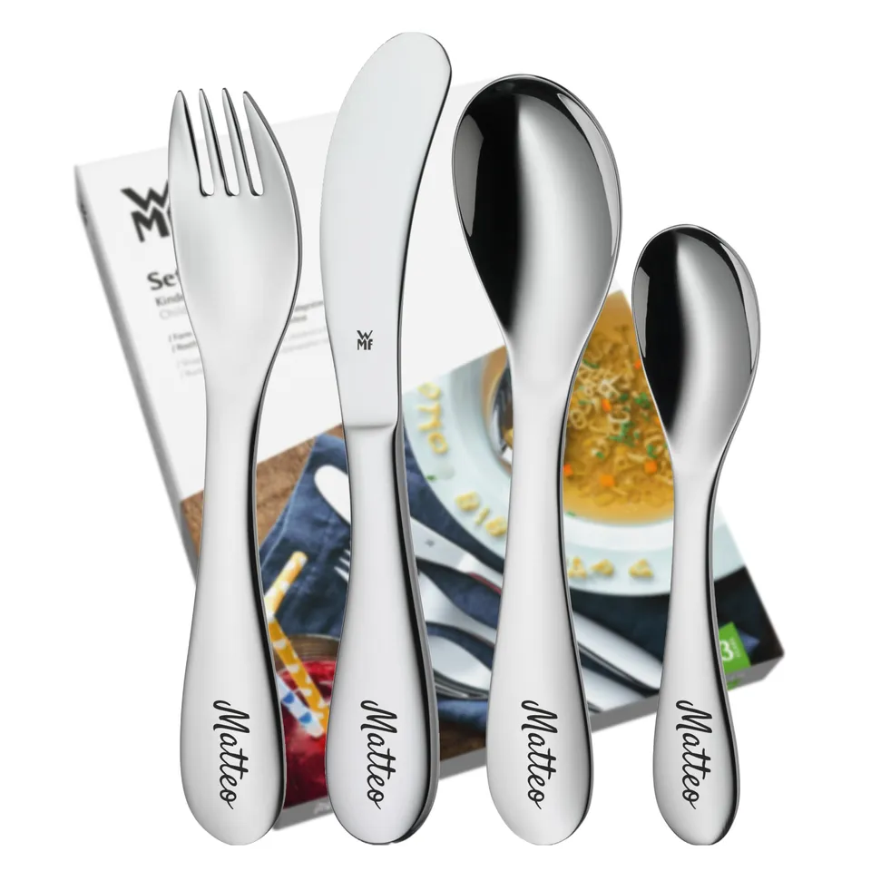 wmf-knuddel-kinderbesteck-4-teilig-mit-namensgravur-cromargan-edelstahl-ab-3-jah image 1