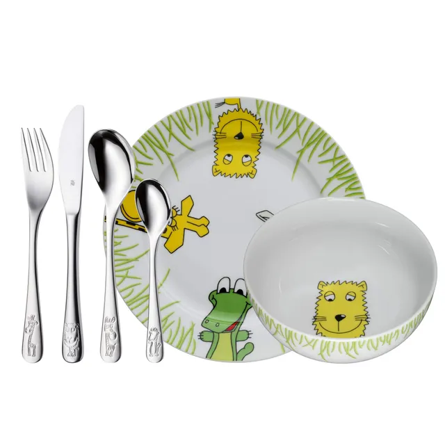 wmf-safari-kinder-geschirrset-6-teilig-kindergeschirr-mit-kinderbesteck-aus-crom image 1