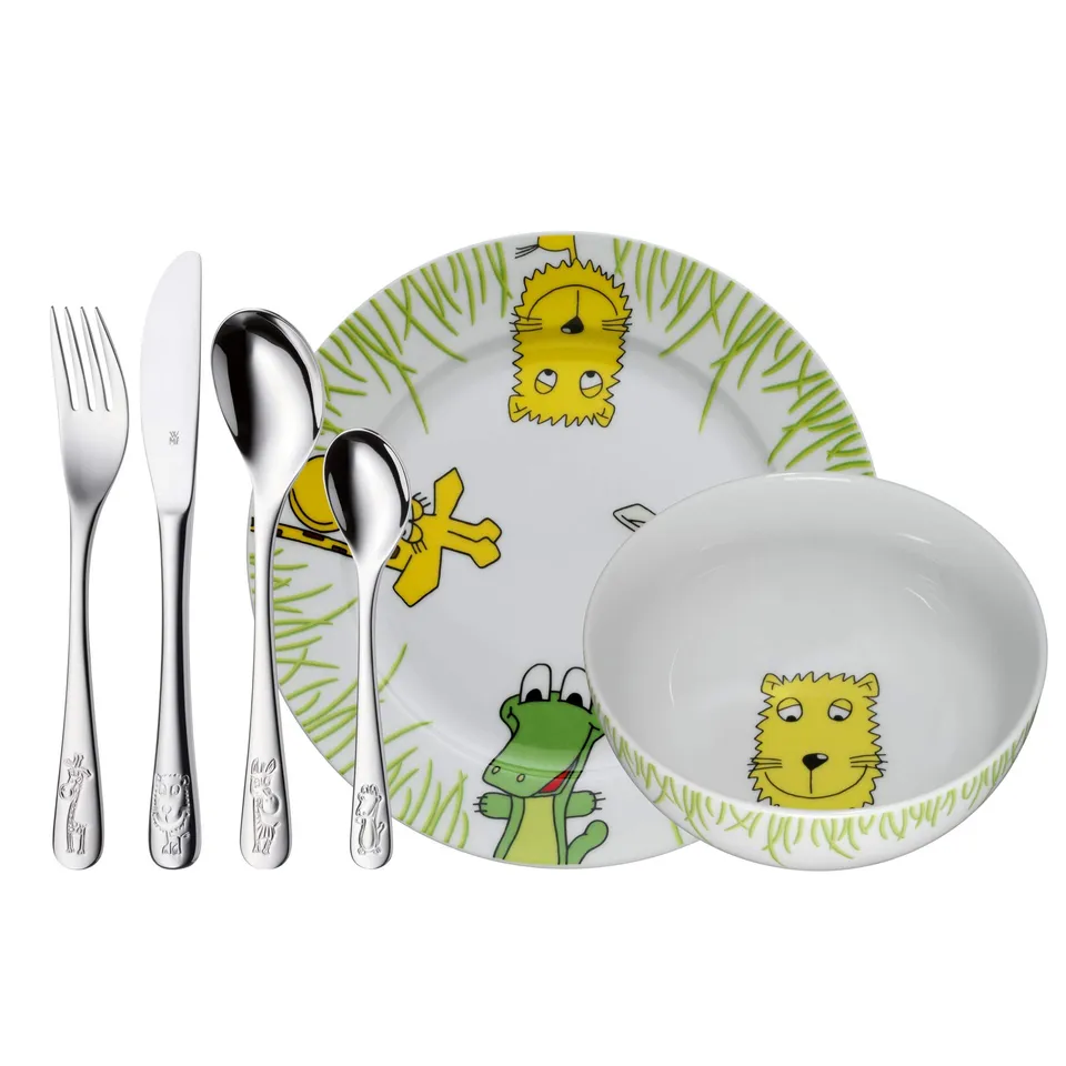 wmf-safari-kinder-geschirrset-6-teilig-kindergeschirr-mit-kinderbesteck-aus-crom image 1