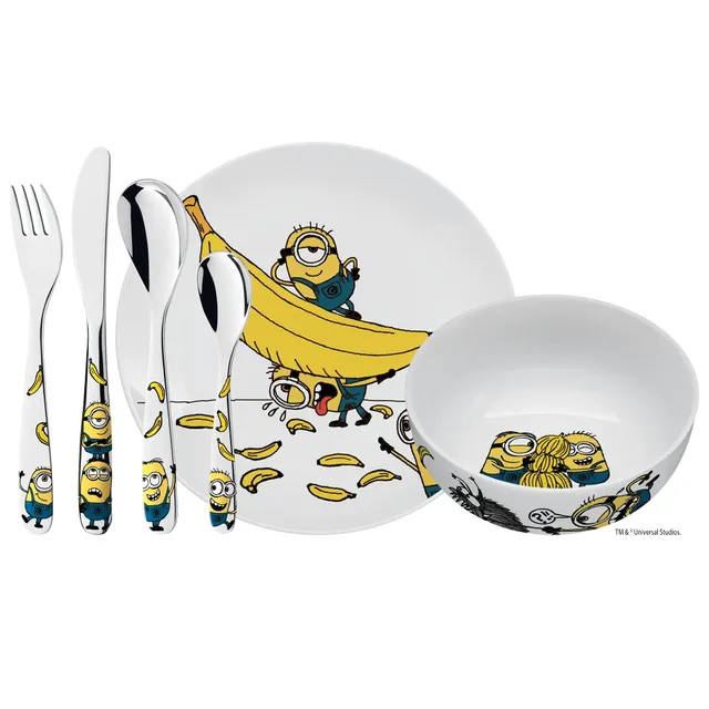 wmf-minions-kinder-geschirrset-6-teilig-mit-kinderbesteck-cromargan-edelstahl-ab image 1