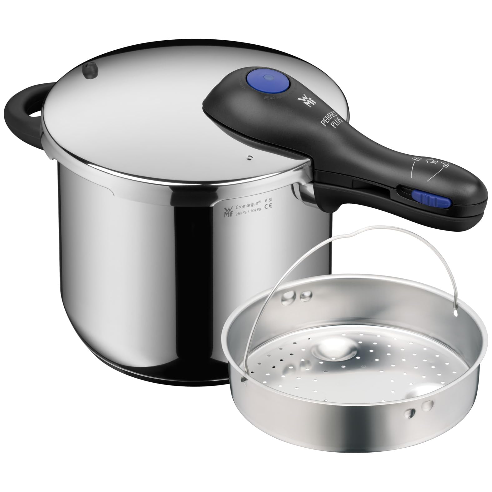 wmf-perfect-one-pot-schnellkochtopf-6-5-l-mit-dampfgareinsatz-induktion-cromarga image 1