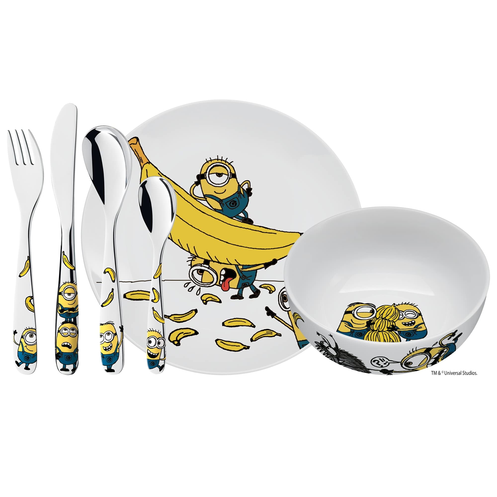 wmf-minions-kinder-geschirrset-6-teilig-mit-kinderbesteck-cromargan-edelstahl-ab image 1