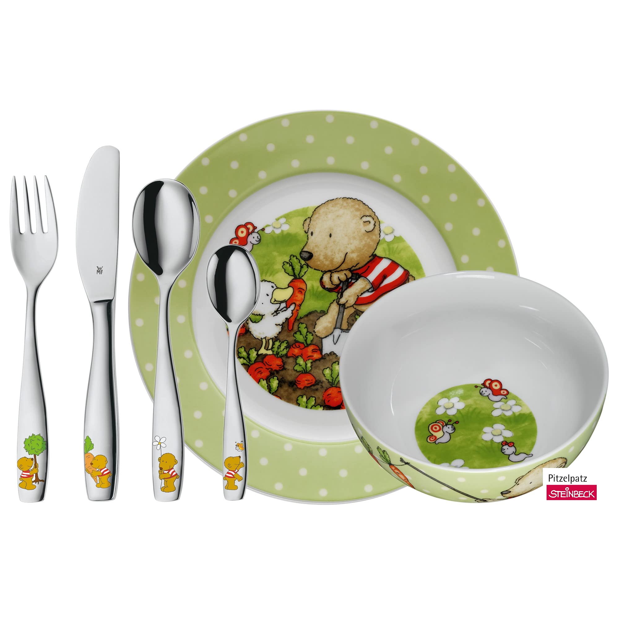 wmf-pitzelpatz-kindergeschirr-set-6-teilig-mit-kinderbesteck-cromargan-edelstahl image 1