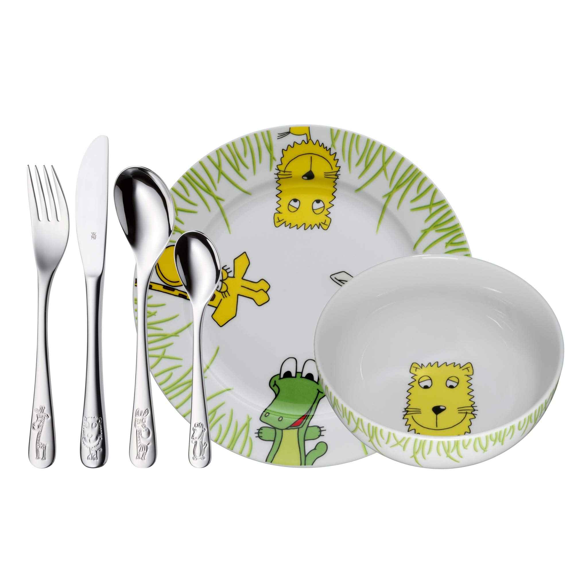 wmf-safari-kinder-geschirrset-6-teilig-kindergeschirr-mit-kinderbesteck-aus-crom image 1