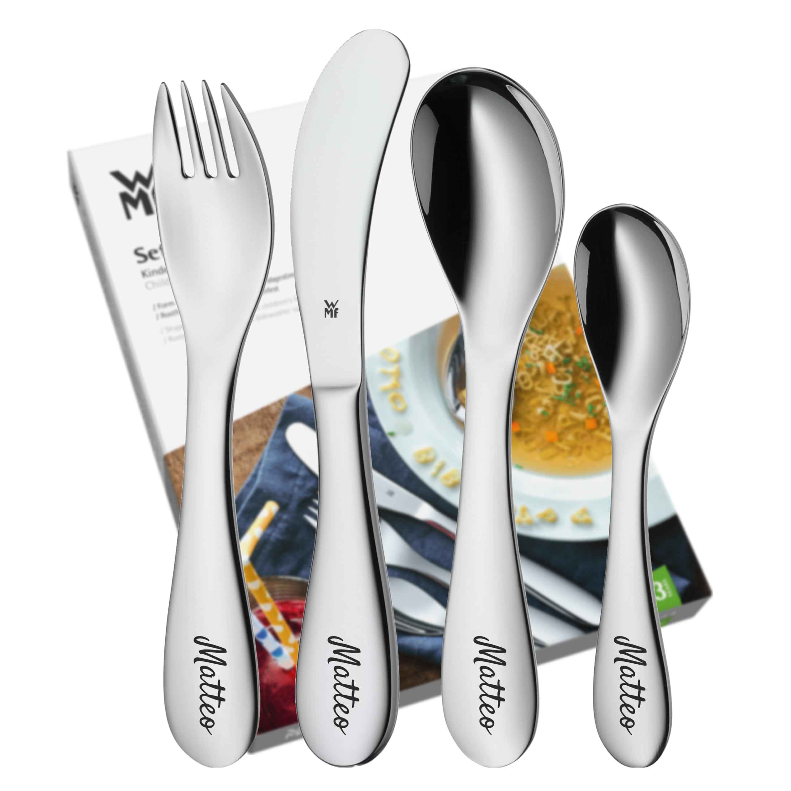 wmf-knuddel-kinderbesteck-4-teilig-mit-namensgravur-cromargan-edelstahl-ab-3-jah image 1